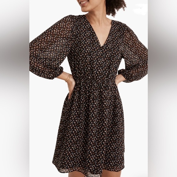 Madewell V-Neck Long Sleeve Smocked Ditsy Georgette Mini Dress Sz. Medium - Picture 1 of 12